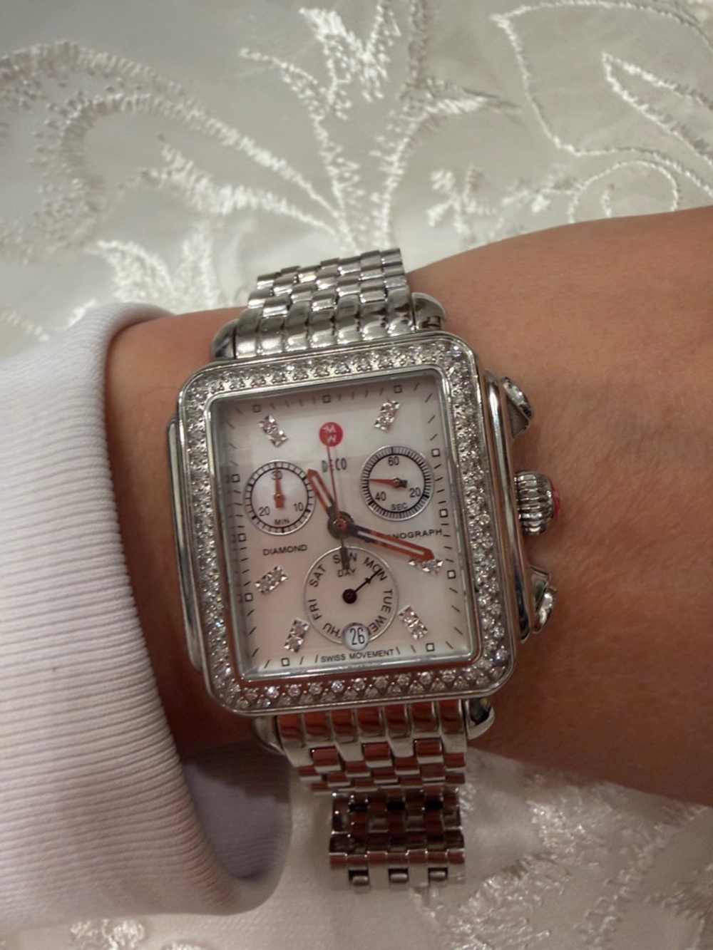 Michele Silver Bracelet Diamond-Trimmed Chronograph Watch with White Dial